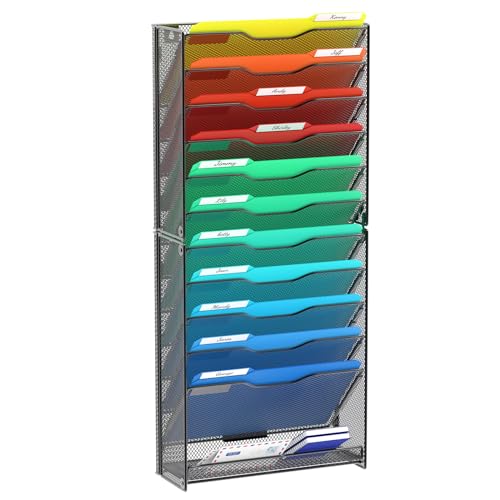 samstar 12 Tier Wall File Organizer, Hanging Wall Mount File Holder Paper Folder Mail Organizer, Mesh Metal, Black.