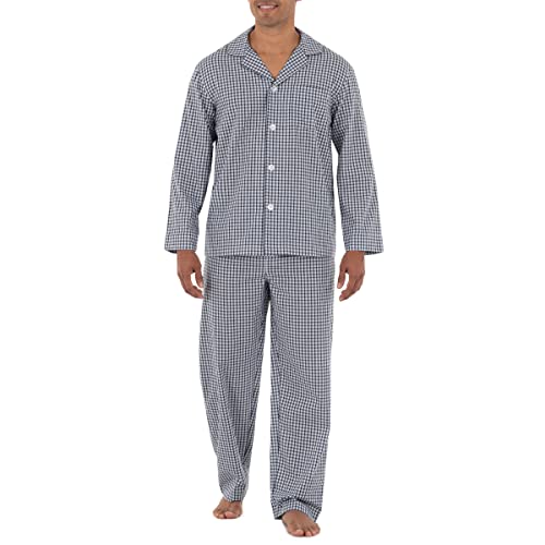 Fruit of the Loom Men's Long Sleeve Broadcloth Pajama Set, Navy/White Check, 4X