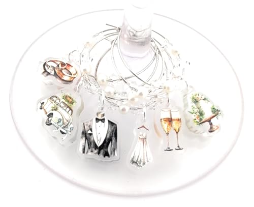 Wedding Theme Wine Glass Charms Set with Tuxedo, Wedding Dress, Rings, Champagne, Car and Cake Designs, Silver-Tone with Pearl Accents, Engagement Party, Bridal Shower and Gifts - 6 Pack