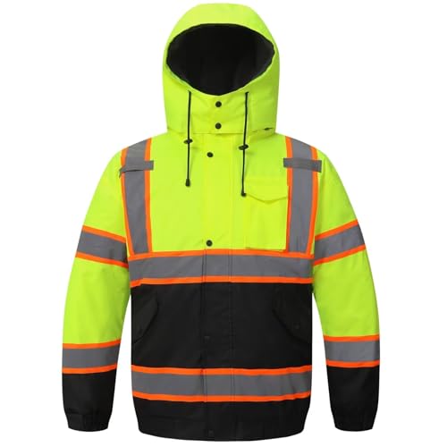 TOKISHI High Visibility Hoodie For Men Reflective Safety Jacket Snowproof And Warm Raincoat With Zipper Men'S/Women'S Construction Work Safety Insulated Parka Green L