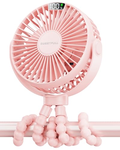 SWEETFULL Portable Stroller Fan, with Display 4000mAh Battery Powered Mini Clip On Fan, 4-Speed Rechargeable Small Personal Fan Handheld Desk Cooling Fan for Baby Car Seat Crib Travel Pink