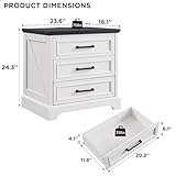 ACCOHOHO Farmhouse Nightstand with Charging Station, 24 Inch Wide End Table with 3 Large Drawers & Bar Handles, Rustic Wood Small Dresser Chest of Drawers for Bedroom, Living Room, Closet, Off White