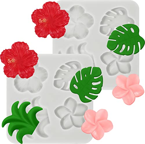 2 Pieces Tropical Flowers Leaves Silicone Mold Plumeria Hibiscus Flower Monstera Leafage Fondant Molds for DIY Chocolate Candy Pudding Cupcake Topper Birthday Party Dessert Hawaiian Decoration(Gray)