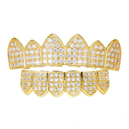 HH BLING EMPIRE 18k Gold Plated Diamond Teeth Grillz for Men Women, Hip Hop Iced Out Diamond Grills for Your Teeth, Costume Rapper Mouth Grillz Top and Bottom Sets with Molding Bars (Gold)