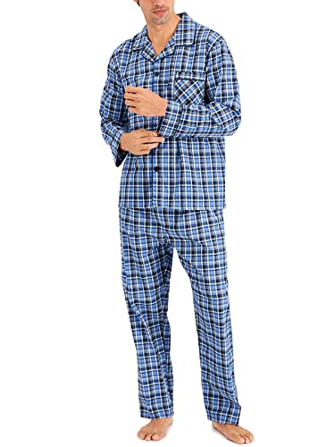 Hanes Men's Long Sleeve Plain Weave Pajama Set, BL/GRN PLD, Large
