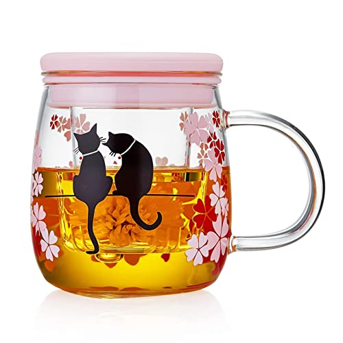 Glass Tea Cup with Infuser and Lid, 16.2oz/480ml Large Borosilicate Teacup,Tea Glass, Clear Mug for Loose Leaf Tea, Blooming Tea, Microwave & Dishwasher Safe - Tea Maker Gift for Birthday