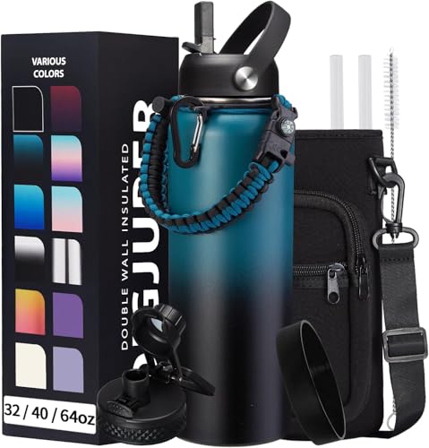 DIGJUPER Vacuum Insulated Water Bottle 40oz - with Straw & Spout Lids, Paracord Handle, Shoulder Carrier Bag, Sport Stainless Steel,Double-Wall Metal Water Bottle Thermo Hydro Mug Flask