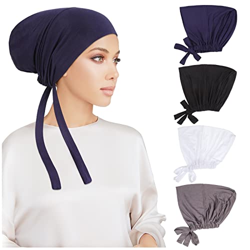 PHOGARY 4 Pcs Women Hijab Undercap - Islamic Muslim Under Hijab Cap Inner Under Scarf Hat Hijab Cap with Tie Back Closure Solid Color Underscarf Hijab Cap Turban Head Wraps for Women Chemo Sleep Cap