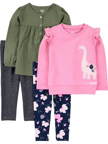Simple Joys by Carter's Girls' 4-Piece Playwear Set, Black/Navy Floral/Olive/Pink Dinosaur, 2T