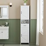 Homhedy 67" H Tall Bathroom Storage Cabinet with 2 Barn Doors and 1 Drawer, Narrow Storage Unit, Adjustable Shelves, Floor Cabinet for Bathroom, Living Room, Entryway, Kitchen, White, (15.7" W)