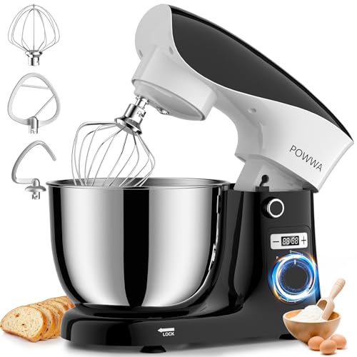 Stand Mixer, POWWA 6.5 QT 10 Speeds Tilt-Head Electric Stand Mixer, 3-In-1 Kitchen Mixer with Bowl, Dough Hook, Whisk and Beater, Food Mixer for Baking and Daily Use (Black White)