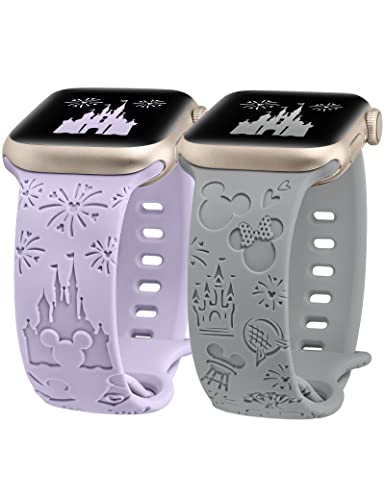 Girovo 2 Packs Cartoon Engraved Bands Compatible with Apple Watch Bands 41mm 40mm 38mm Women, Cute Anime Designer Soft Silicone Strap for iWatch Series 9/8/7/6/5/4/3/2/1/SE/Ultra, Lavender & Grey