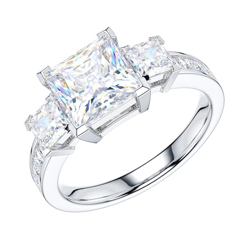 THELANDA Genuine Moissanite Sterling Silver Center 1.5CT Three Stone Style All Princess Cut Side Stones Promise Engagement Ring For Women (7)