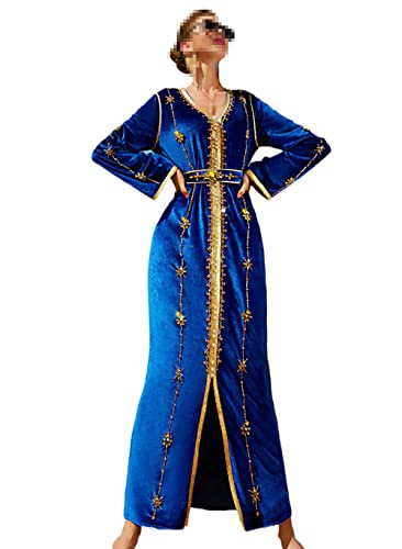 Vsadsau Ramadan Eid Velour Abaya Dubai Turkey Muslim Dress Beading Islam Clothing Women Caftan Robe Blue XL