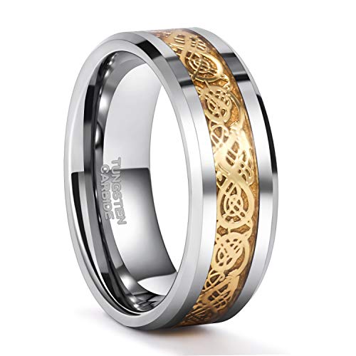 Frank S.Burton 8mm Silver Tungsten Ring with Gold Celtic Dragon Pattern Inlay Wedding Band for Men
