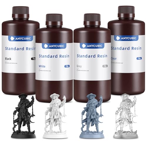 ANYCUBIC 3D Printer Resin Bundle, 405nm SLA UV-Curing Resin with High Precision and Quick Curing & Excellent Fluidity for LCD 3D Printing (Grey+Clear+White+Black,1kg per Bottle, 4kg in Total)