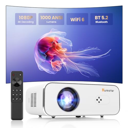 HUNKSTAR Mini Projector, 4K Support Projector with Wifi 6 and Bluetooth 5.2, 1000 ANIS Portable HD1080P Home Video Projector with Auto Focus, Suitable for Family Gatherings, Various Festivals (White)