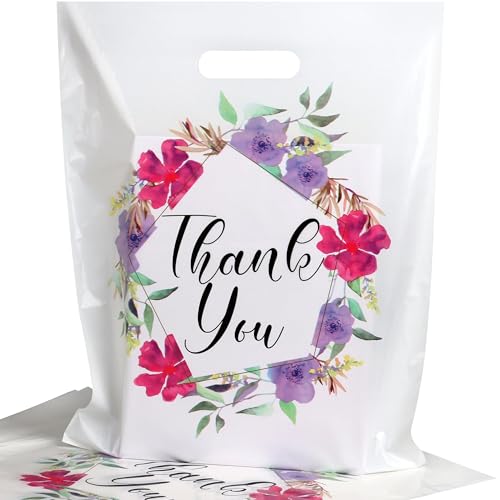 Floral Plastic Thank You Gift Bags Bulk - 12"x15" Merchandise Retail Shopping Bags with Die-Cut Handles, 100 Pack - Perfect for Small Businesses, Boutiques, Clothing Stores, Weddings, Party Favors