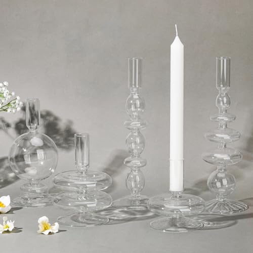 Rtteri 5 Pcs Glass Candlestick Holders Colorful Glass Taper Candle Stand Groovy Candlestick Wavy Boho Chic Clear Bases Holders Elegant Vase for Home Party Centerpiece(Clear)