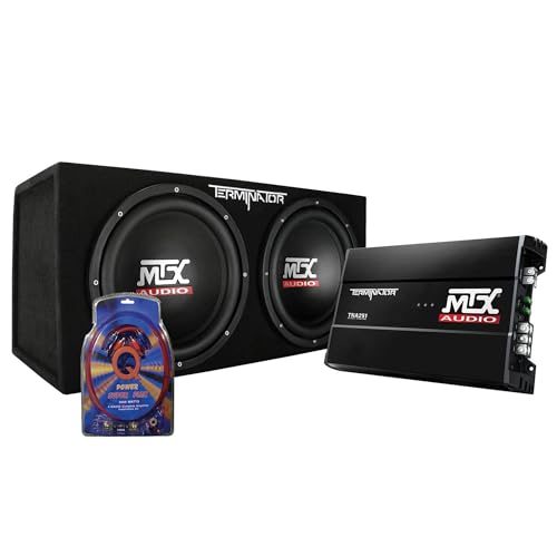 MTX TNP212D2 12 Inch 1200W Dual Loaded Car Subwoofer Audio, Sub Box, and Amplifier with QPower Super Flex 4 Gauge 3000 Watt Amplifier Wiring Amp Kit