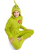 The Grinch Women's Fuzzy Plush Warm Holiday Hooded Union Suit Pajamas (Green, Large)