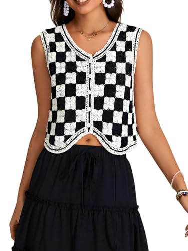 Verdusa Women's Button Front V Neck Sleeveless Crochet Plaid Checkered Knit Sweater Vest White Small
