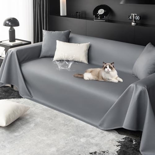100% Waterproof Sofa Covers 81"x102" Extra Wide Non-Slip Washable Couch Cover for 3-4 Cushion Sectional Couch Faux Leather Leakproof Sofa Slipcover Furniture Protector for Dogs Pets (Dark Grey)