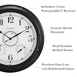 CLXEAST Illuminated Indoor Outdoor Clocks Waterproof 18 inch with Smart Sensor,Large Wall Clock with Thermometer & Hygrometer for Garden Patio Pool,Oil Rubbed Bronze Black