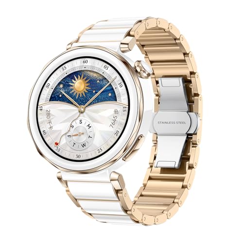 VeveXiao Durable Metal with Ceramic Strap Compatible with Huawei Watch GT 5 Pro 42mm/GT 5 41mm Bands, 18mm Bracelet Ceramic Metal Replacement Band for Huawei Watch GT 4 41mm Women Strap (Light Gold)