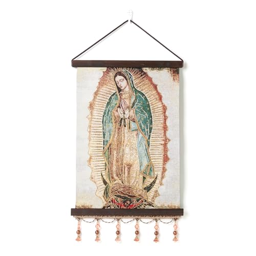 HZMAN Virgin Mary Painting Retro Handmade Weave Wall Art Decor Holy Our Lady Guadalupe Aesthetic Picture for Living Room Bedroom Wood Framed 17x12 inch