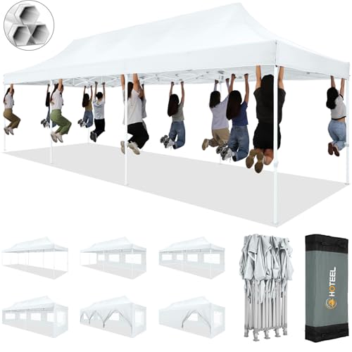 HOTEEL 10x30 Pop up Canopy Tent for Parties, Heavy Duty Easy Setup Tent with 8 Sidewalls, Outdoor Commercial Instant Gazebo for Wedding Event, with Portable Bag & Sand Bags, White(Hexagonal Frame)