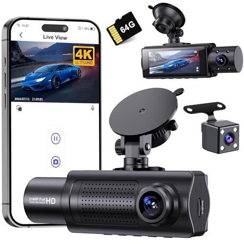 Miden X5 4K WiFi Dash Cam Front and Rear Inside, 2160P+1080P+1080P FHD 3 Channel Dash Camera for Cars, 360° All Sides Dashcam, Free 64G SD Card, G-Sensor, WDR, Night Vision, 24H Parking Monitor