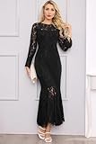 Women's Fall Winter Long Sleeve Black Floral Lace Mermaid Maxi Dress Elegant Wedding Guest Party Long Dresses Formal Evening Gowns