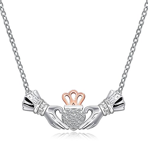 MONBO Irish Claddagh Necklace for Women Sterling Silver Crystal Celtic Claddagh Hands Holding Crown Love Heart Pendant Necklace