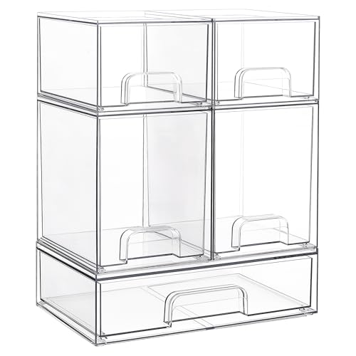 Vtopmart Stackable Storage Drawers Set of 5, Clear Plastic Organizer Bins for Beauty Supplies,Ideal for Vanity, Bathroom,Cabinet,Pantry Organization