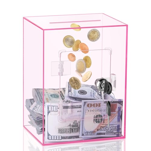 Clear Piggy Bank for Adults Kids, Large Acrylic Piggy Bank Money Saving Box for Cash Saving with Key, Openable Clear Acrylic Savings Jar for Real Money (Pink)