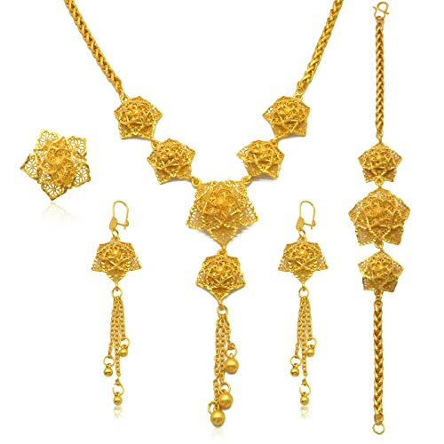 Indian Bollywood Women Jewelry Sets 24K Gold Plated Dubai Gold Necklace Earrings Bangle Fashion Wedding Prom Jewelry Set