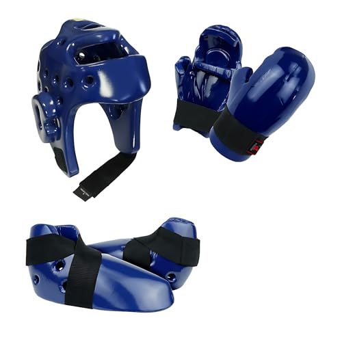 Martial Arts Karate Protective Sparring Gear Package Deal - Adjustable Adults & Kids Headgear, Gloves & Kicks for MMA, Taekwondo, Boxing Training (Blue, Medium)