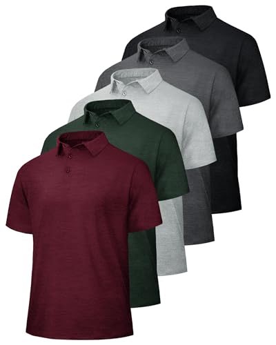 BOOJO 5 Pack Polo Shirts for Men - Quick Dry Moisture Wicking Performance Short Sleeve Mens Golf Shirts for Work Athletic