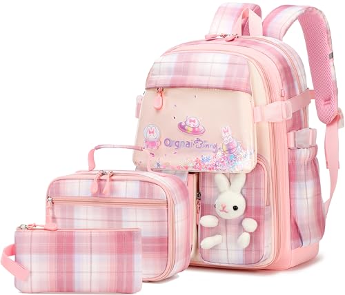 Gazigo Girls Backpack with Lunch Box for Elementary School, 3PCS School Backpack for Girls 8-10, Kawaii Bunny Kids Backpack (Plaid Pink)