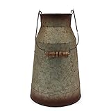 CVHOMEDECO. 10 Inch Galvanized Metal Milk Can with Wooden Handle, Old Rustic Farmhouse Pitcher Jug Vase for Home and Garden Décor. Grey