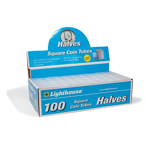 LIGHTHOUSE - Square Coin Tubes - Convenient Push Top, Virtually Unbreakable, Acid Free and Archival Quality - Coin Tubes for US Half Dollars, 100 Pack