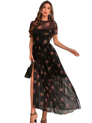 GothDark Women's Mesh Dress Short Sleeve Round Collar Floral Print Waist-Cinched Maxi Fall Casual Dress