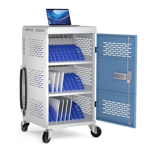 Fully Assembled 30 Unit Multi Device Charging Station for Chromebook, iPad, 14'' Laptop - Pre Built Computer Charging Cart with Charger Cable Management, Circuit Breaker, Grounding Protection (Gray)