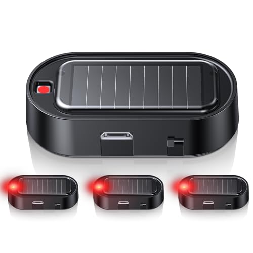 4PC Car Solar Power Simulated Dummy Alarm, Vehicles Security Anti-Theft LED Flashing Fake Lamp with Light Sensor, Car Alarm Light for SUV, RV, Truck (Red)