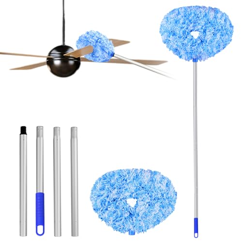 Ceiling Fan Cleaner Duster Reusable Microfiber Ceiling Fan Blade Cleaner Removable Duster with Extension Pole Adjusts 13 to 49.7 Inch for Cleaning Walls Furniture Door Window Top (Blue White)