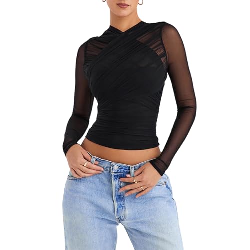 FWSAM Women Sexy Criss Cross Wrap Sheer Mesh Crop Top Long Sleeve Zip Back See Through Slim Fit Tee Shirt Clubwear Black