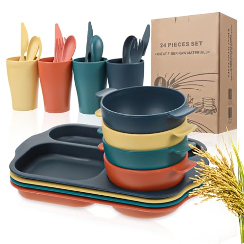 MAQUITA 24 Pcs Wheat Straw Dinnerware Cutlery Sets, Kids Toddlers Divided Plates Unbreakable Bowl Microwave Dishwasher Safe Tableware Cutlery Spoon Knife Fork Cup