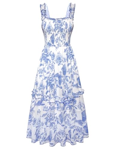 Scarlet Darkness Sundresses for Women 2025 Sun Dress Spaghetti Strap Ruffle Tiered Floral Dress Blue L