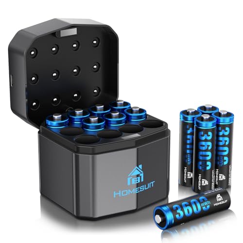Homesuit Rechargeable Lithium AA Batteries with Charger 12 Bay, 1.5 Volt High Power 3600mWh Lithium Batteries AA Rechargeable, Li-ion Double A Battery 12 Pack Recharge up to 2000+ Cycles, Blue